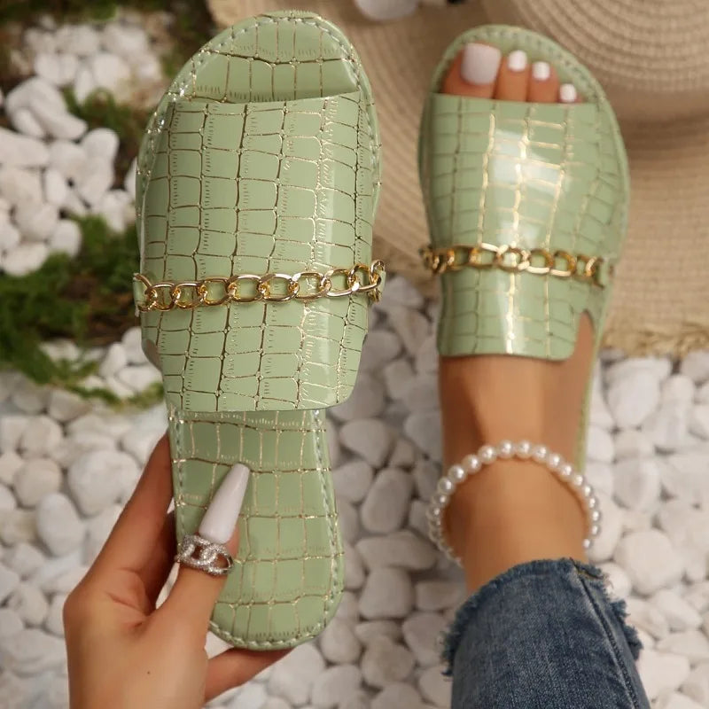 Florence Women’s Slip On Sandals – PU Chain Detail Flats for Summer & Beach Wear