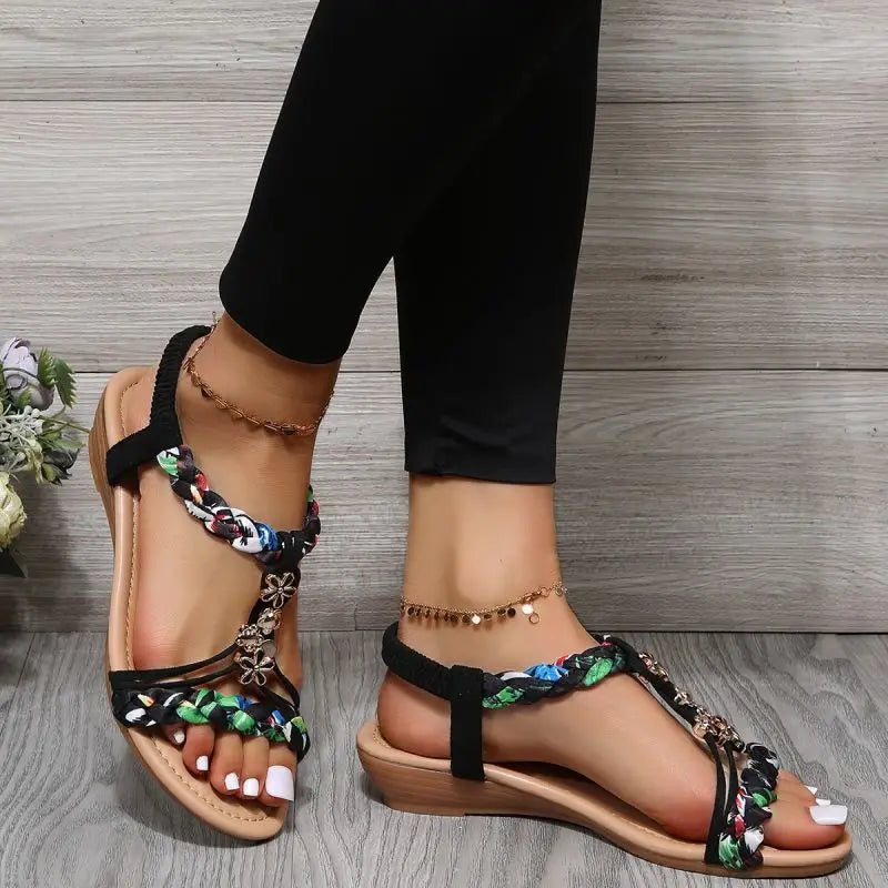 Katrina Women’s Braided Flat Sandals – PU Slip-On with Elastic Back Strap