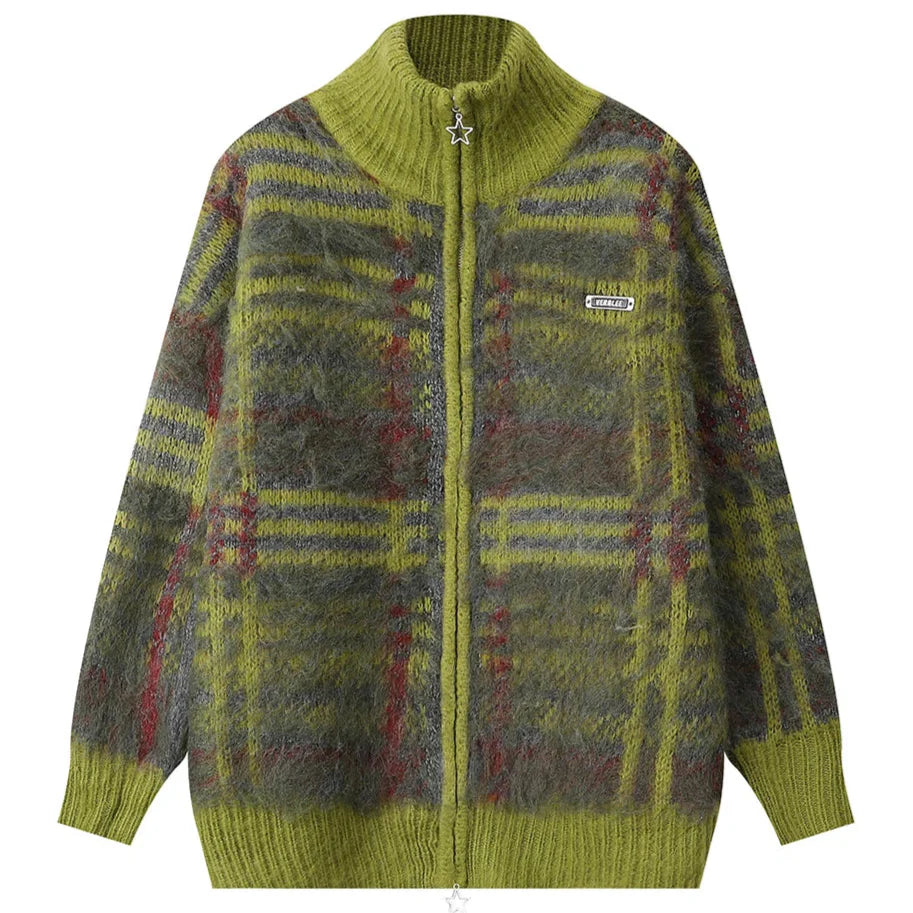 Harper Women’s Knit Sweater – Soft Fluffy Plaid with Relaxed Zip Fit