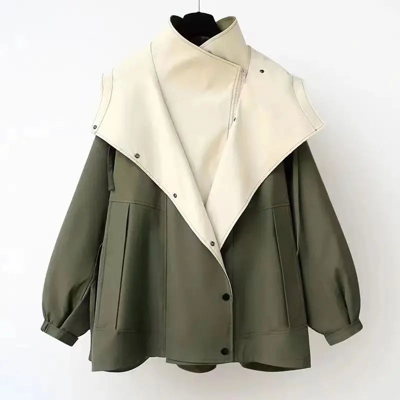 Isla Patchwork Hooded Jacket – Women’s Lightweight Jacket with Turtleneck & Adjustable Fit