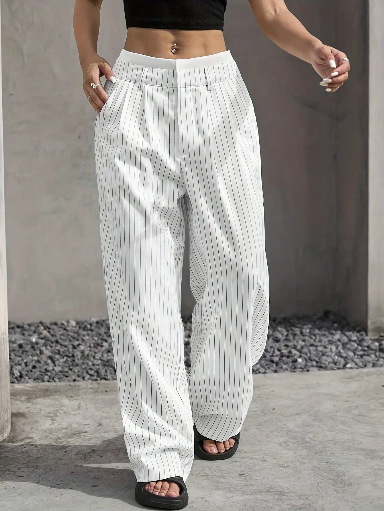 Clara Women’s Wide Leg Trousers – Pinstripe High Waist with Pleated Front