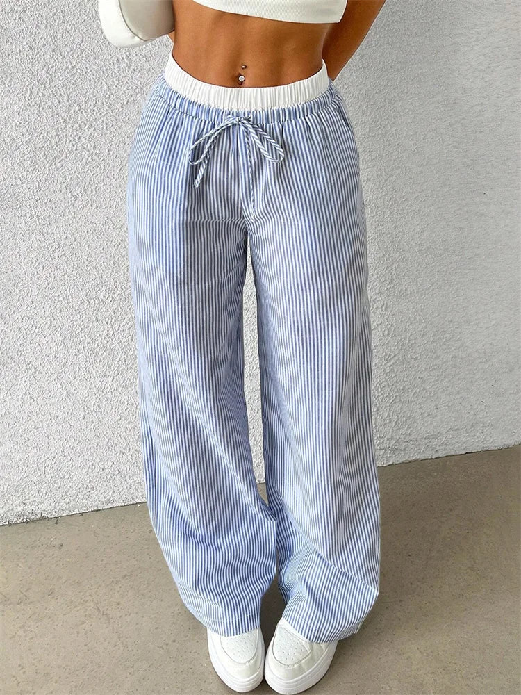 Yssa Women’s Wide Leg Pants – Lightweight Striped Fabric with Relaxed Fit