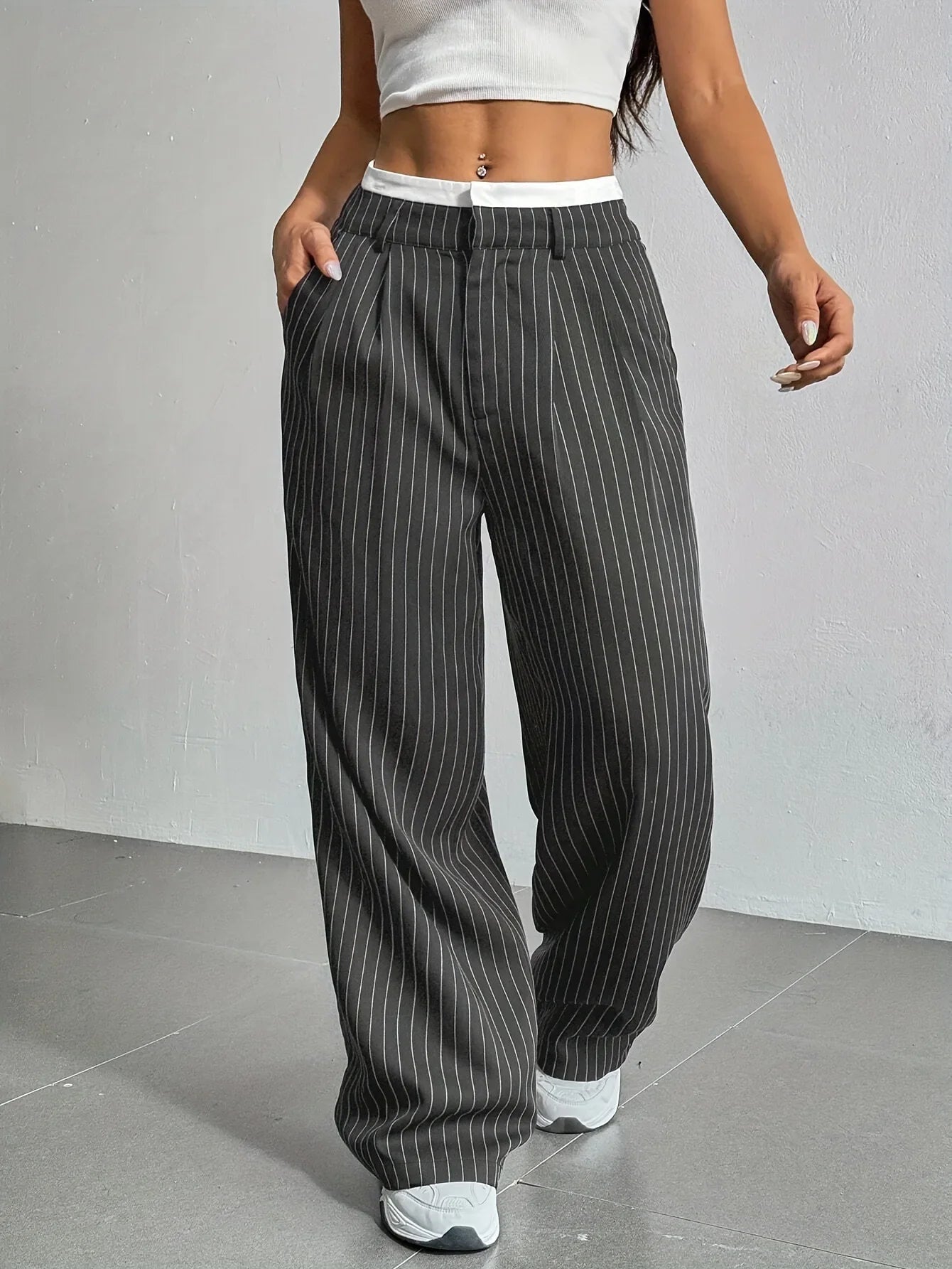 Clara Women’s Wide Leg Trousers – Pinstripe High Waist with Pleated Front
