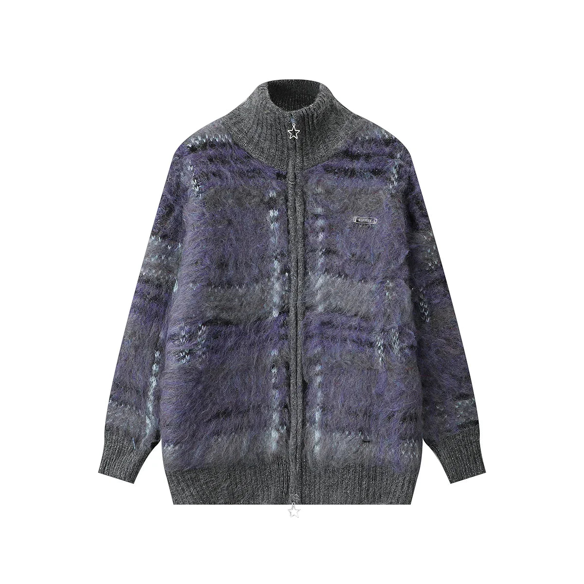 Harper Women’s Knit Sweater – Soft Fluffy Plaid with Relaxed Zip Fit