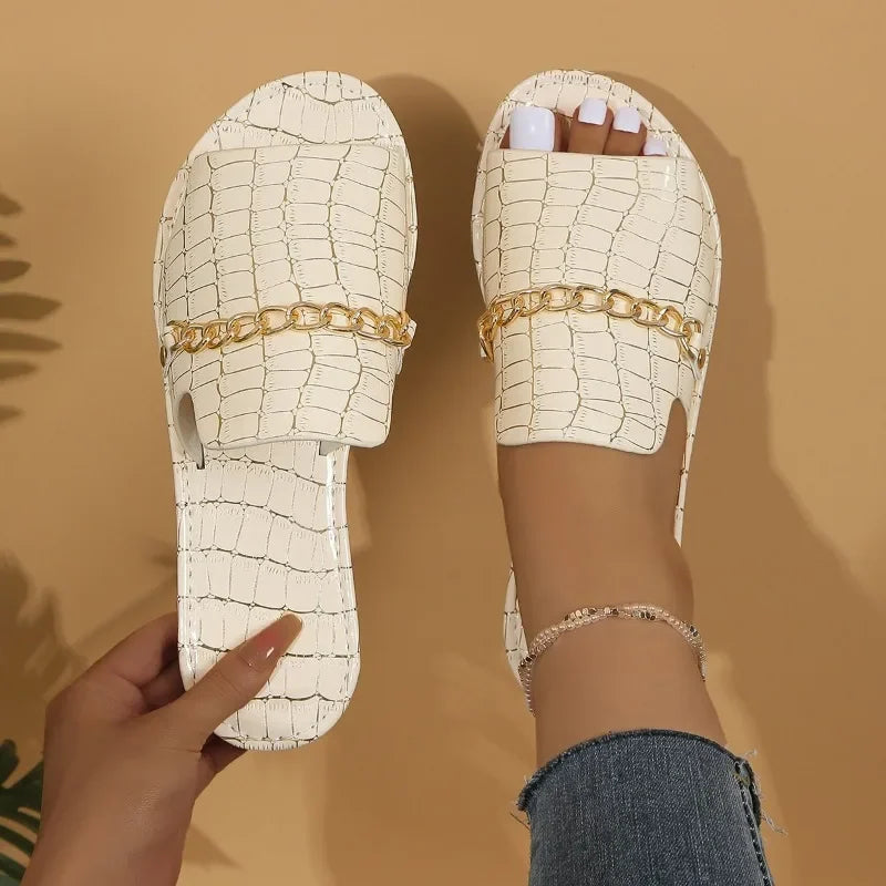 Florence Women’s Slip On Sandals – PU Chain Detail Flats for Summer & Beach Wear