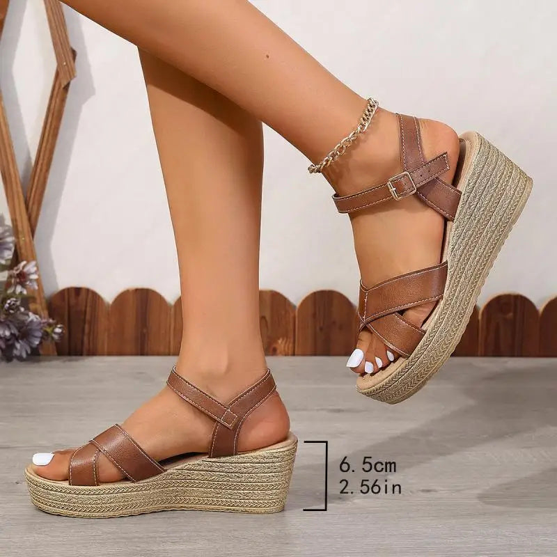 Amelie Women’s Wedge Sandals – PU Leather with Chunky Platform & Adjustable Strap