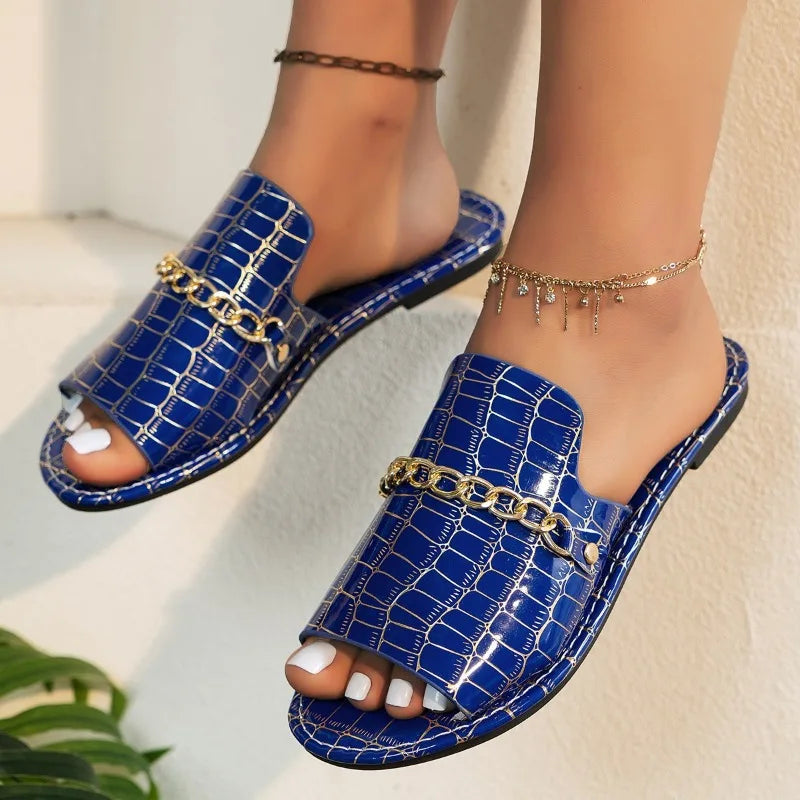 Florence Women’s Slip On Sandals – PU Chain Detail Flats for Summer & Beach Wear