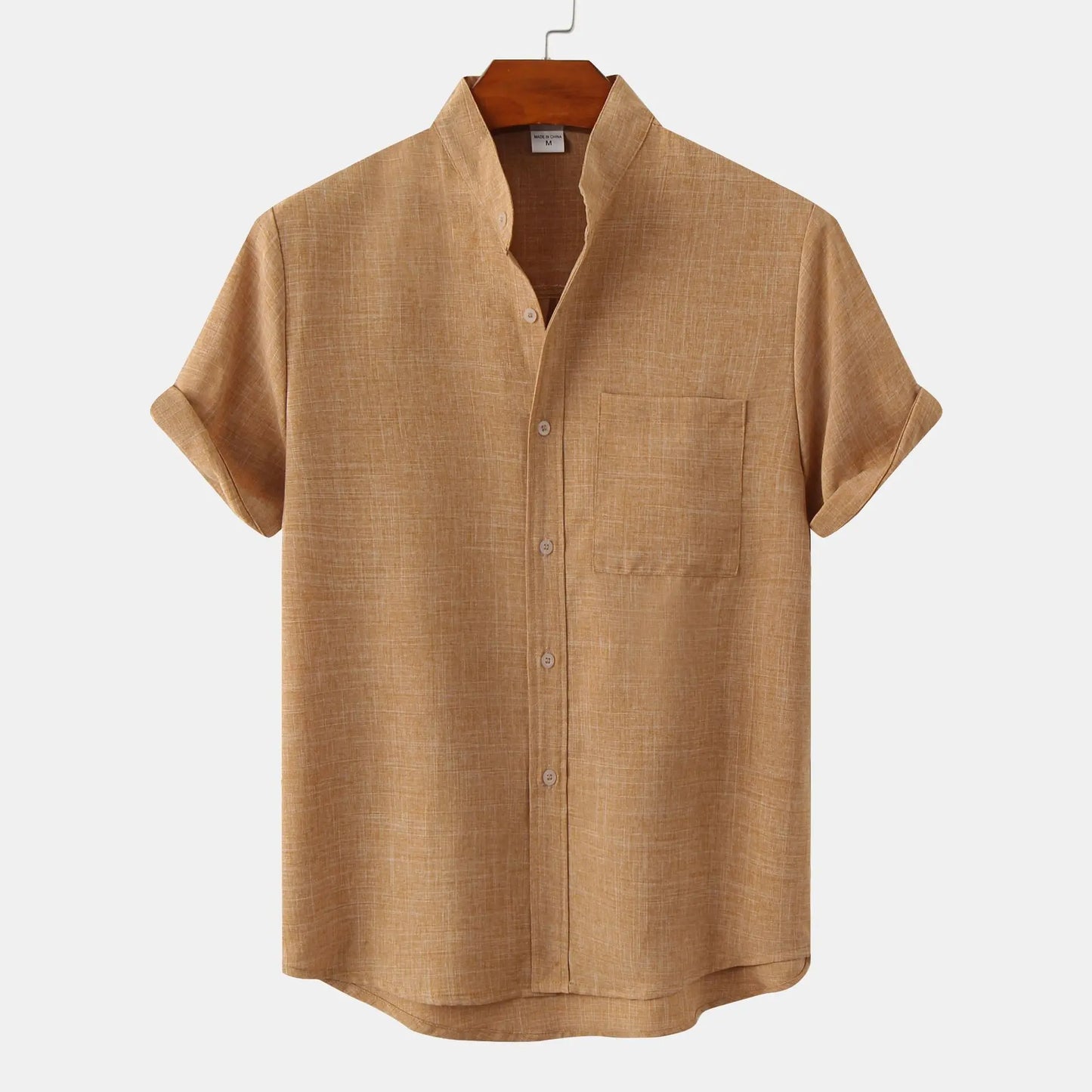 Leonard Men’s Linen Shirt – Collarless Short Sleeve Button-Up for Summer