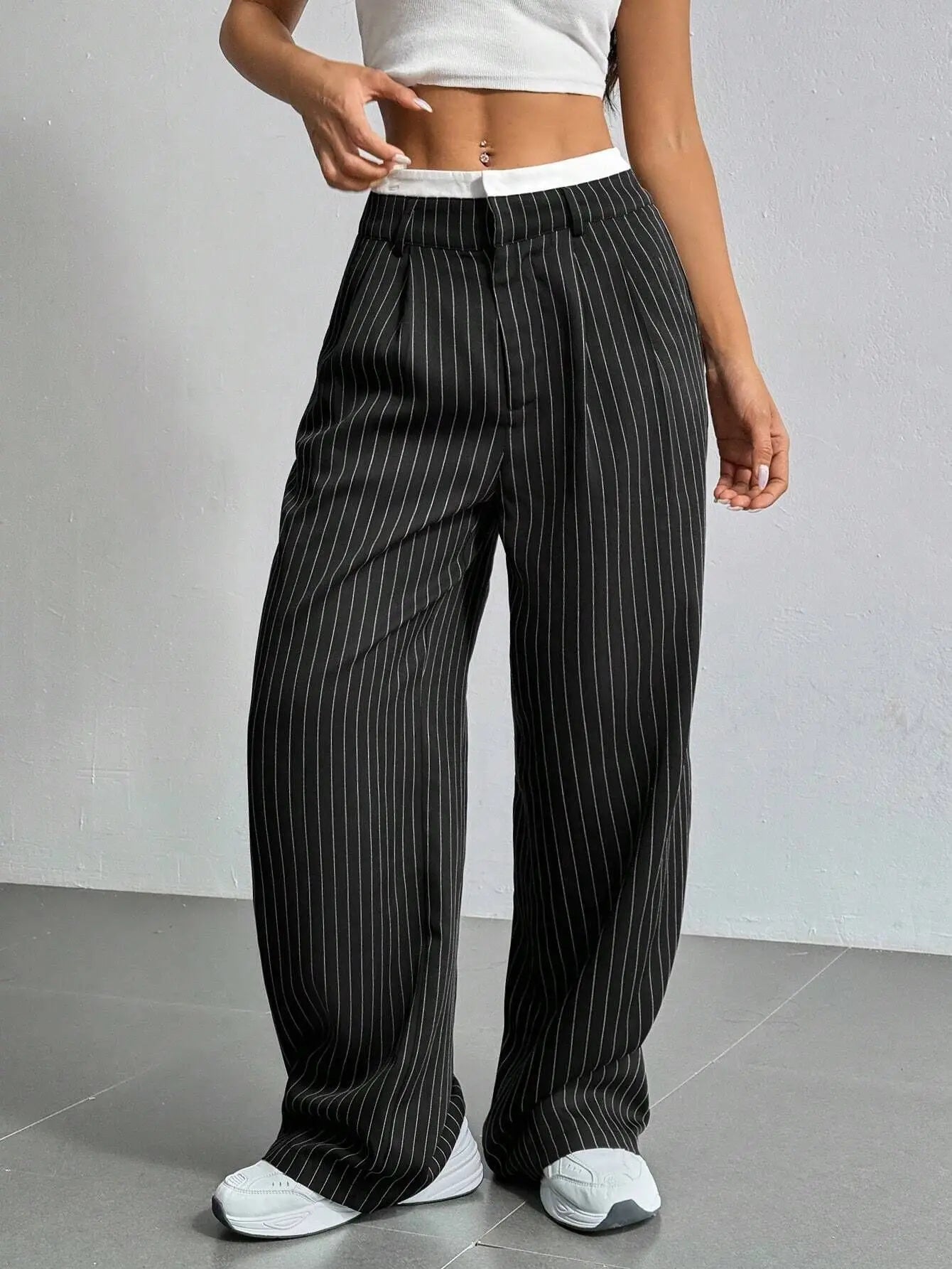 Clara Women’s Wide Leg Trousers – Pinstripe High Waist with Pleated Front