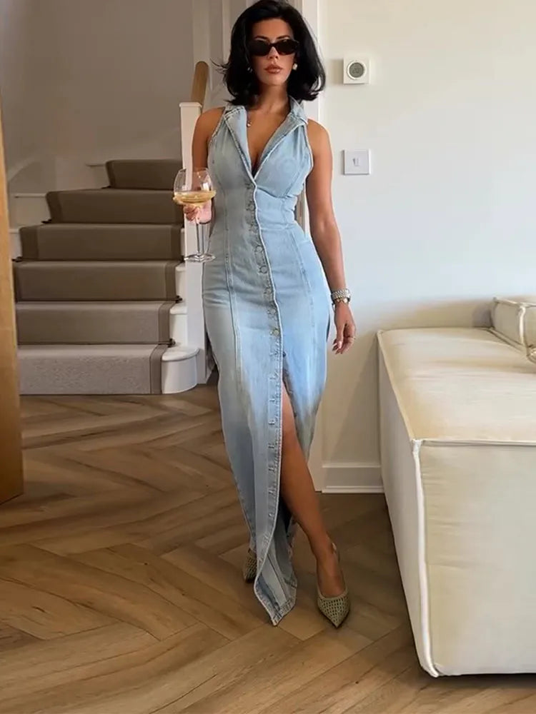 Amira Denim Maxi Dress – Sleeveless Slim Fit with Front Slit & Button Detail