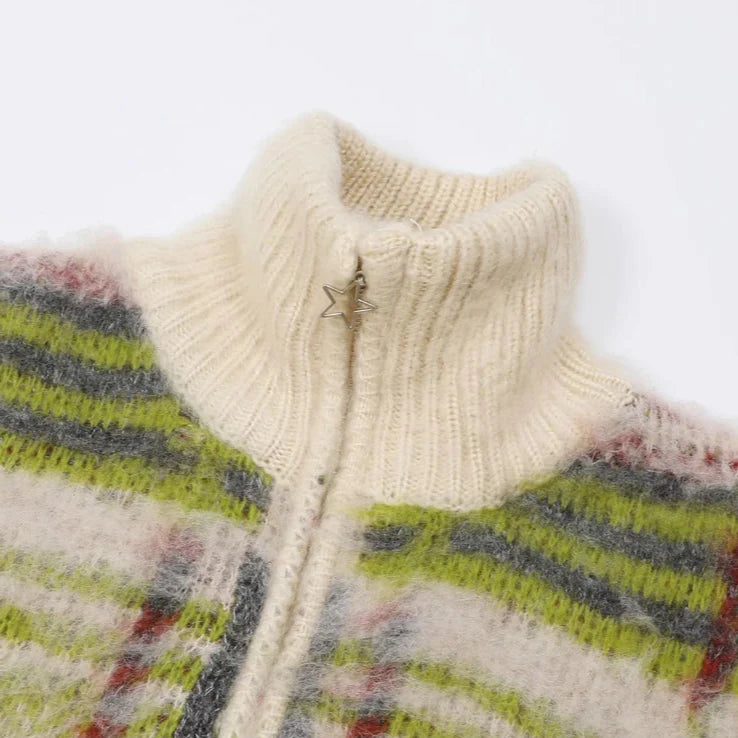 Harper Women’s Knit Sweater – Soft Fluffy Plaid with Relaxed Zip Fit