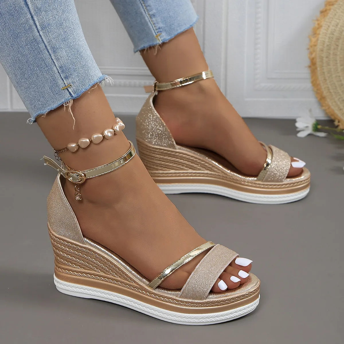 Chloe Women’s Wedge Sandals – Supportive Slip-On Design with Glitter Finish