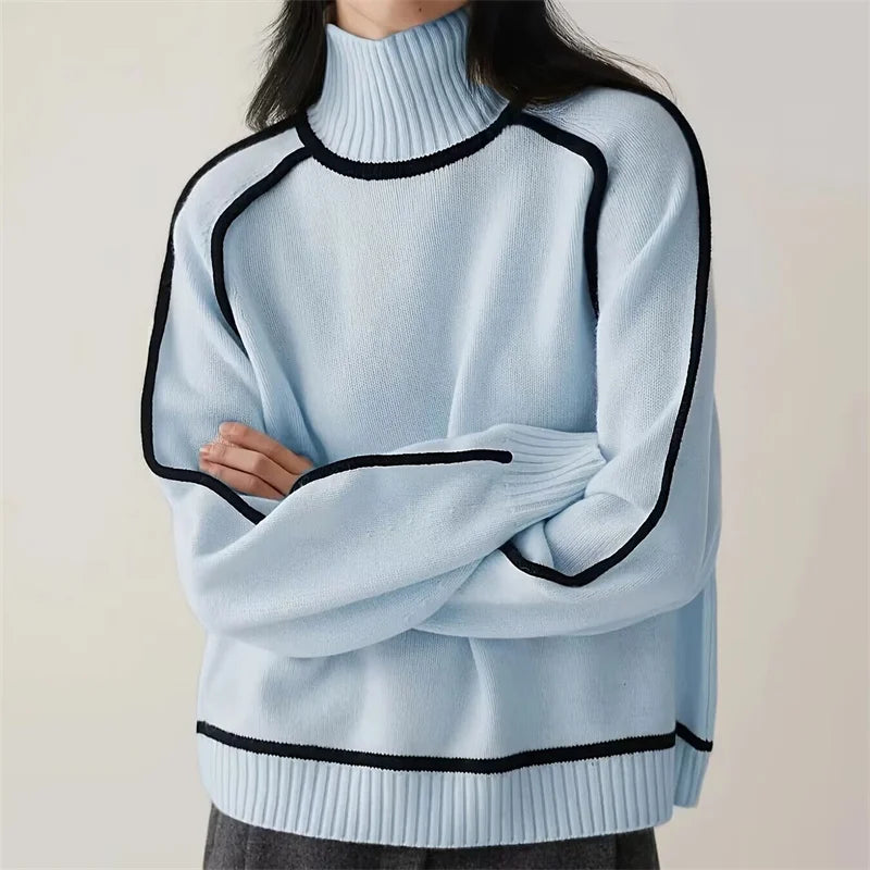 Niana Turtleneck Sweater – Contrast Stitch Knit with Relaxed Fit & Cozy Feel