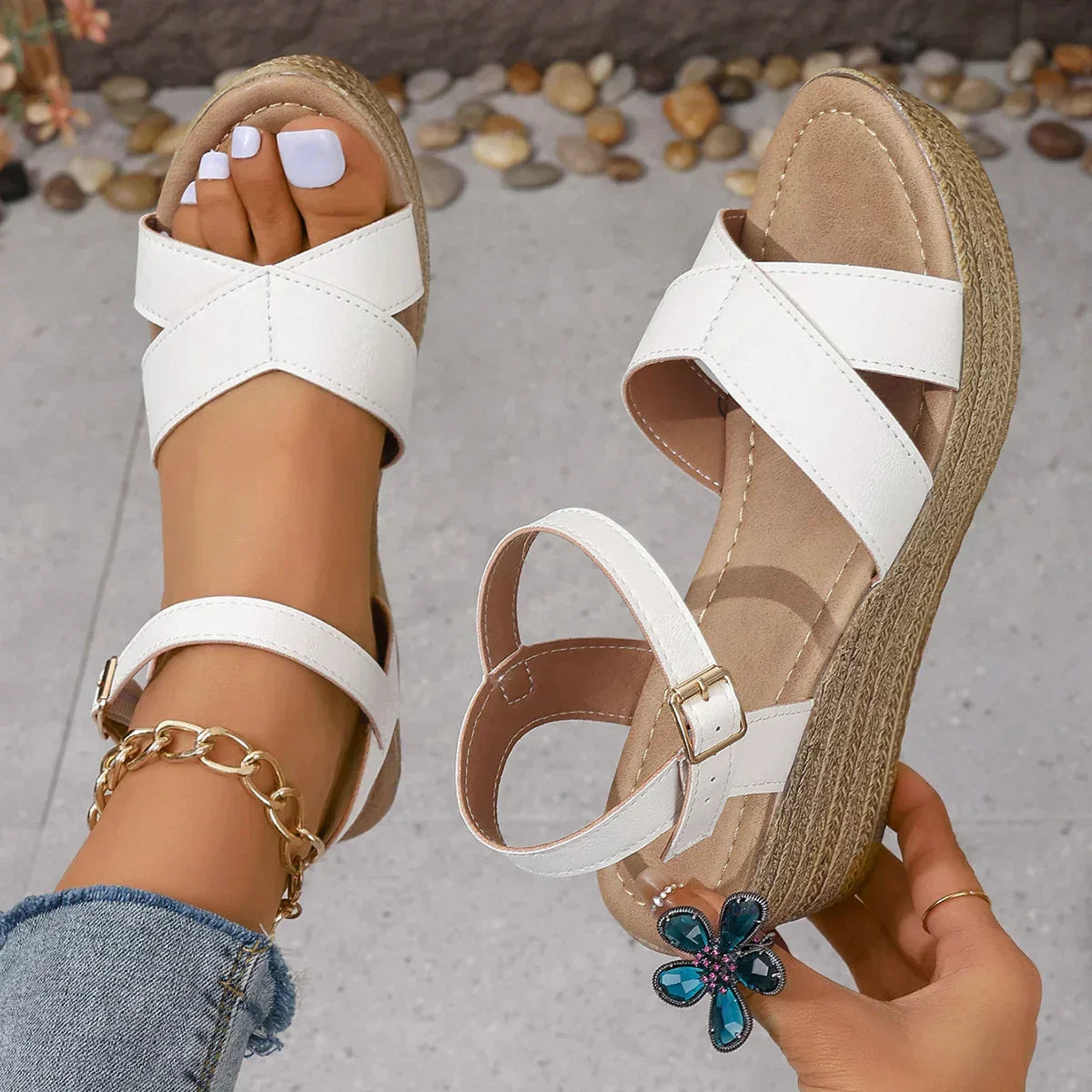 Amelie Women’s Wedge Sandals – PU Leather with Chunky Platform & Adjustable Strap