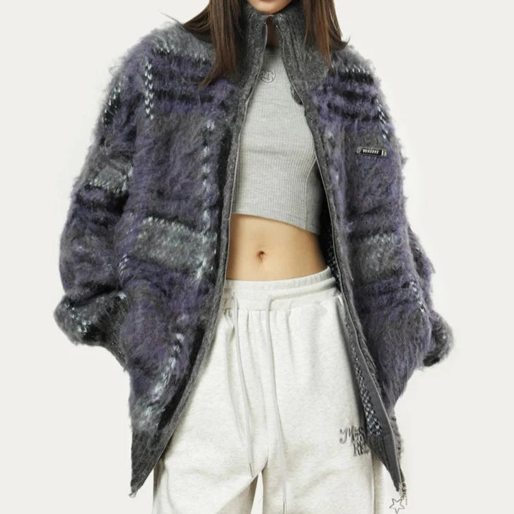 Harper Women’s Knit Sweater – Soft Fluffy Plaid with Relaxed Zip Fit
