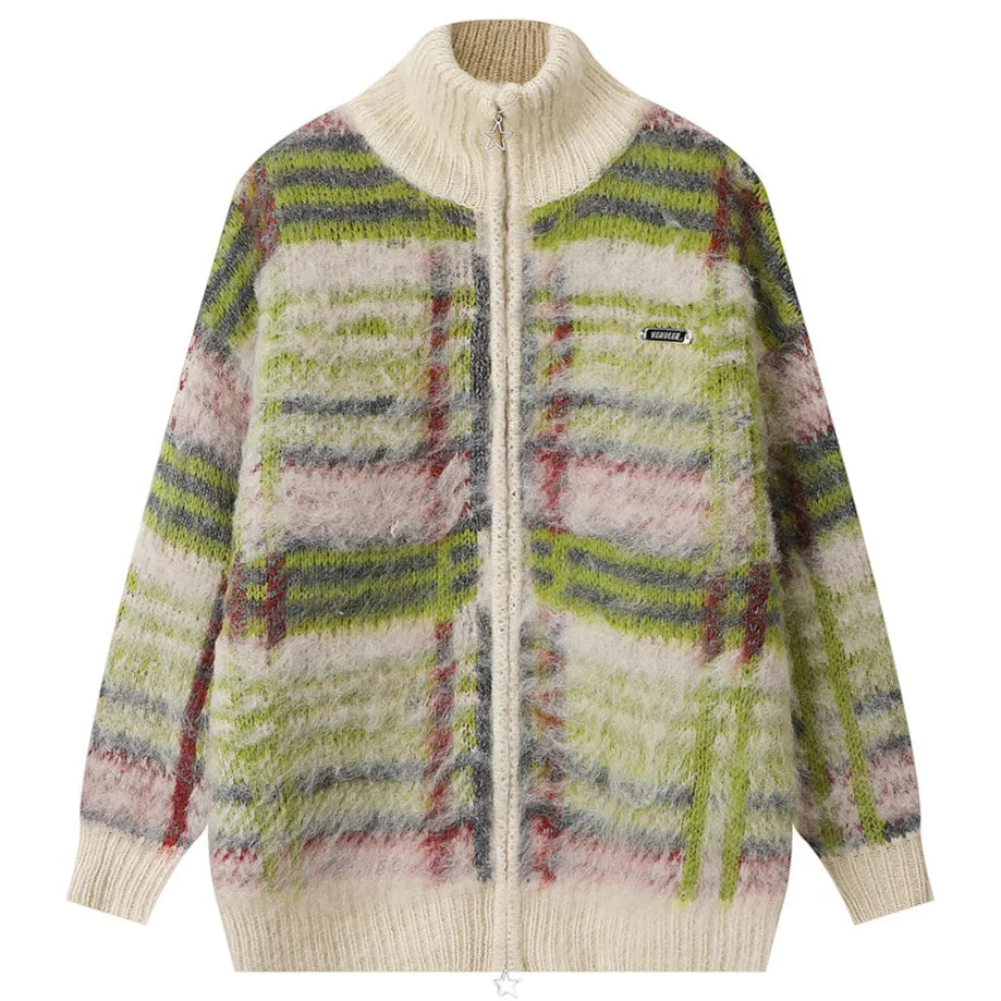Harper Women’s Knit Sweater – Soft Fluffy Plaid with Relaxed Zip Fit