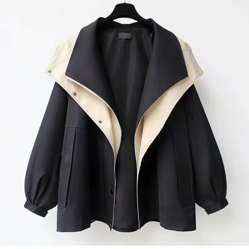 Isla Patchwork Hooded Jacket – Women’s Lightweight Jacket with Turtleneck & Adjustable Fit