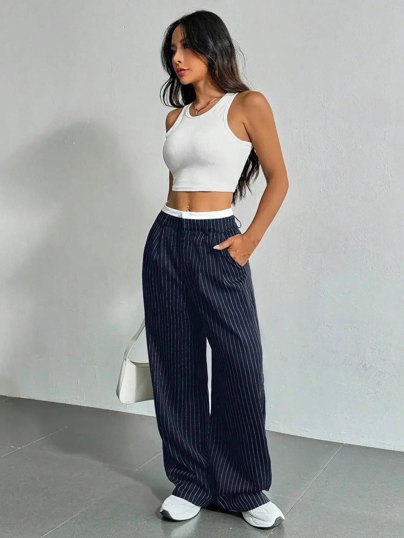 Clara Women’s Wide Leg Trousers – Pinstripe High Waist with Pleated Front
