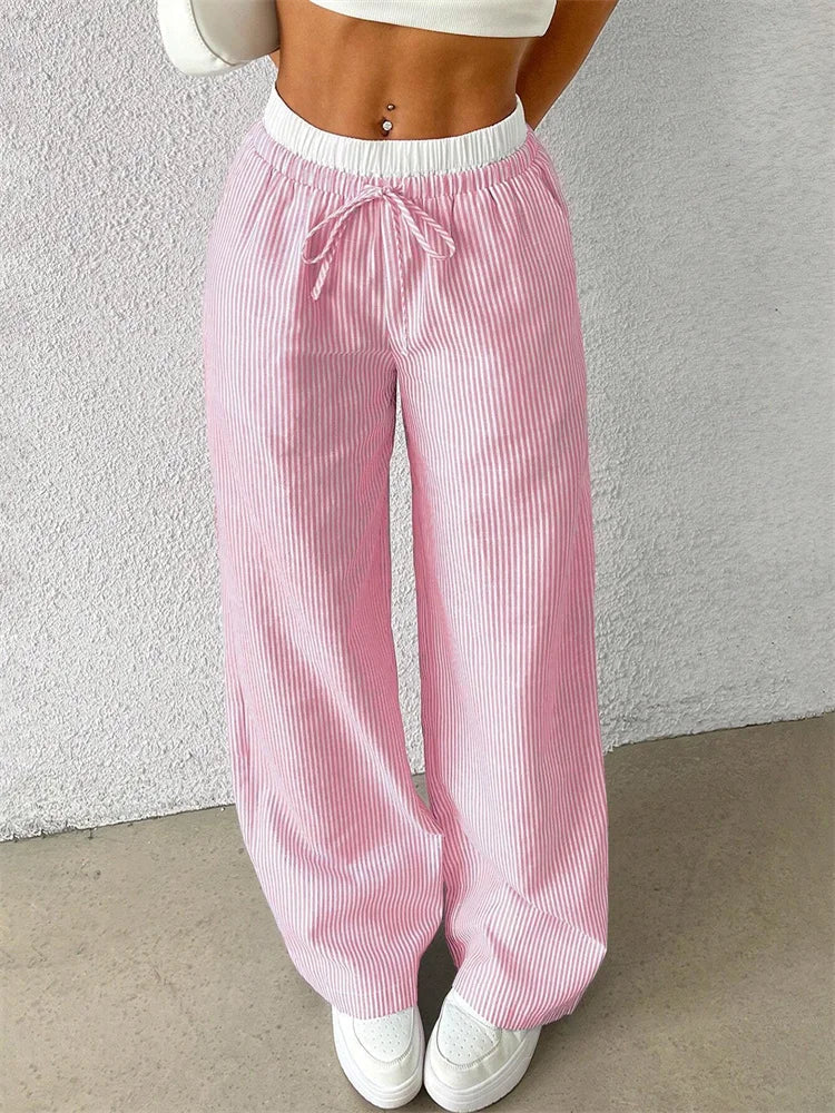 Yssa Women’s Wide Leg Pants – Lightweight Striped Fabric with Relaxed Fit