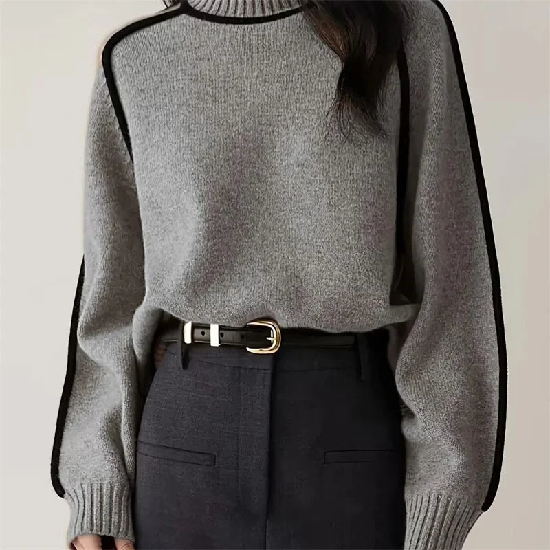 Niana Turtleneck Sweater – Contrast Stitch Knit with Relaxed Fit & Cozy Feel