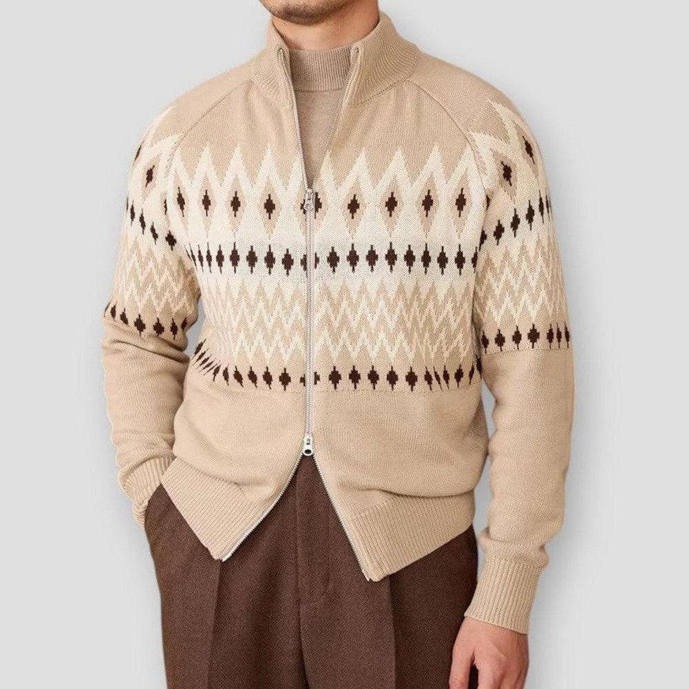Oslo Men’s Cashmere Cardigan – Wool Blend with Geometric Knit & Regular Fit