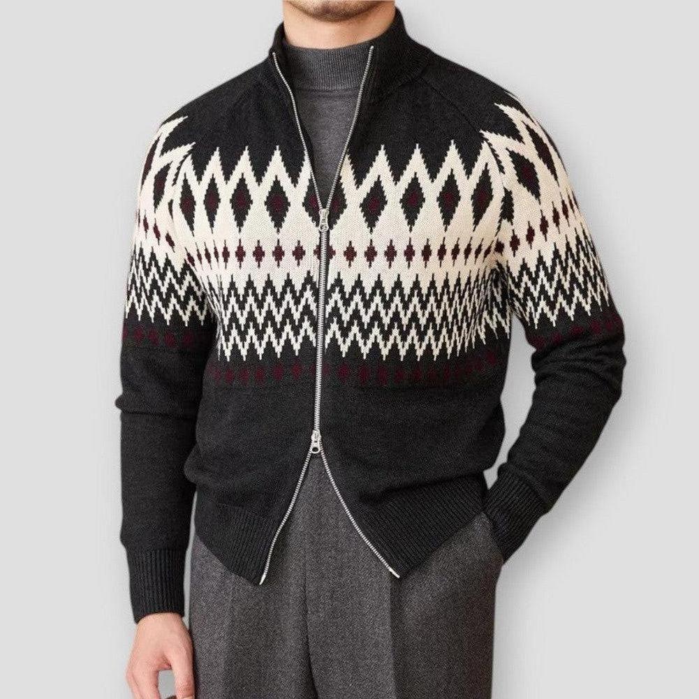 Oslo Men’s Cashmere Cardigan – Wool Blend with Geometric Knit & Regular Fit