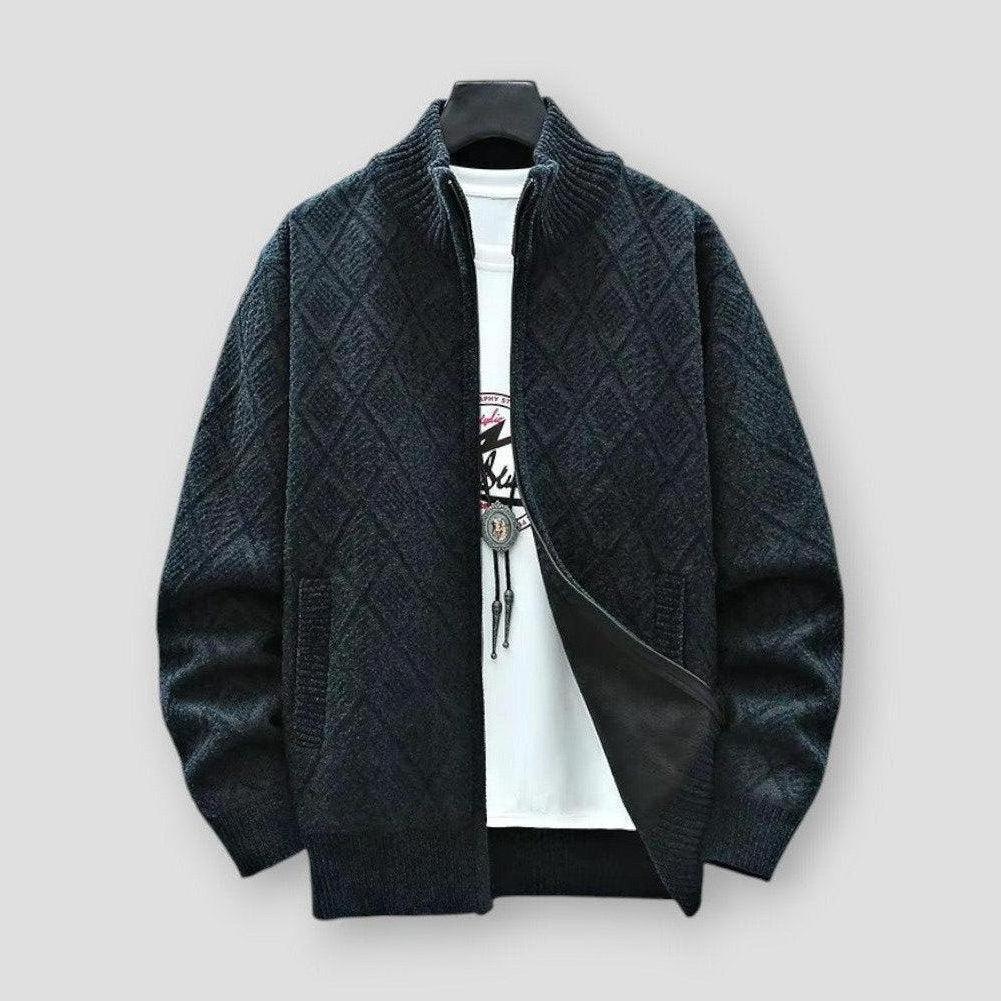 Arian Men’s Knit Cardigan – Textured Full-Zip Mock Neck with Ribbed Cuffs