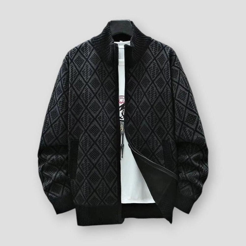 Arian Men’s Knit Cardigan – Textured Full-Zip Mock Neck with Ribbed Cuffs