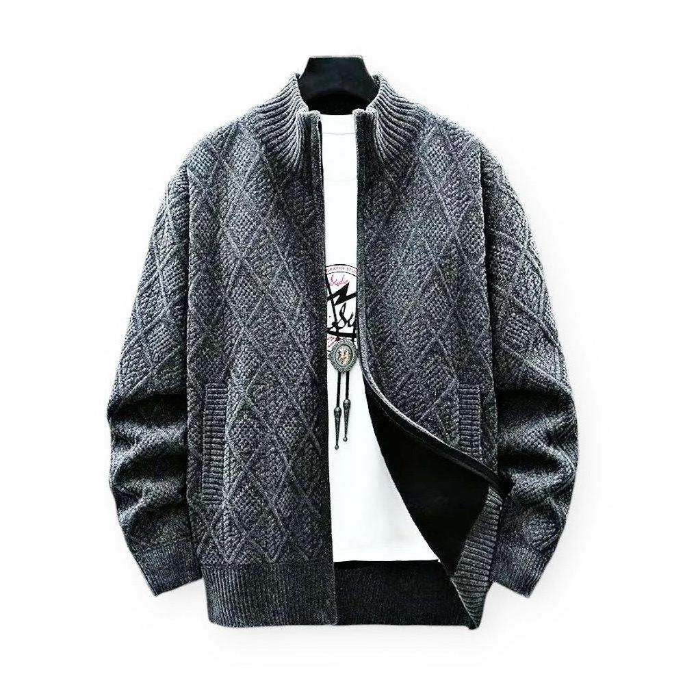 Arian Men’s Knit Cardigan – Textured Full-Zip Mock Neck with Ribbed Cuffs