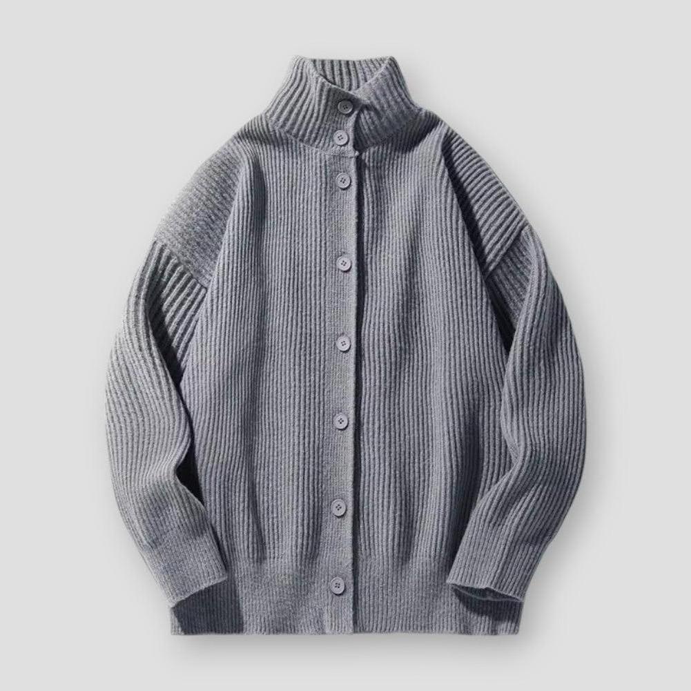 Harper High Collar Oversized Cardigan – Ribbed Knit with Button Closure for Winter Layering
