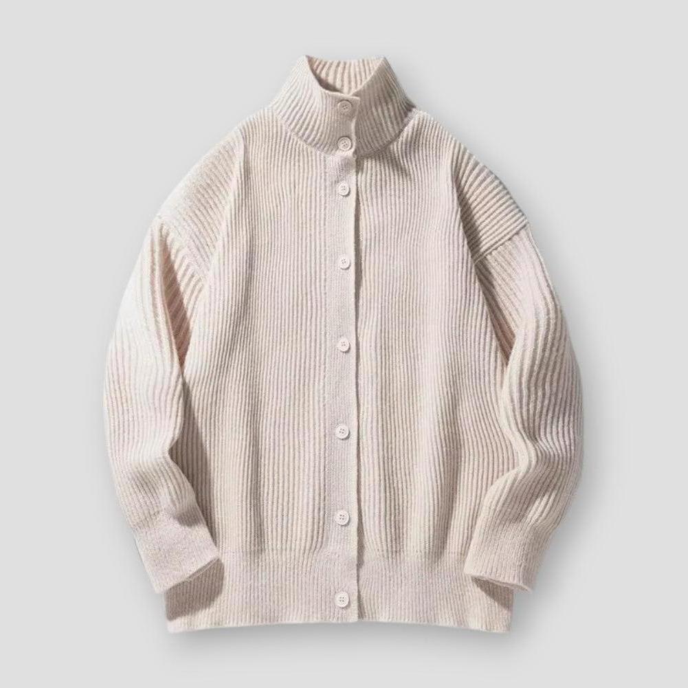Harper High Collar Oversized Cardigan – Ribbed Knit with Button Closure for Winter Layering