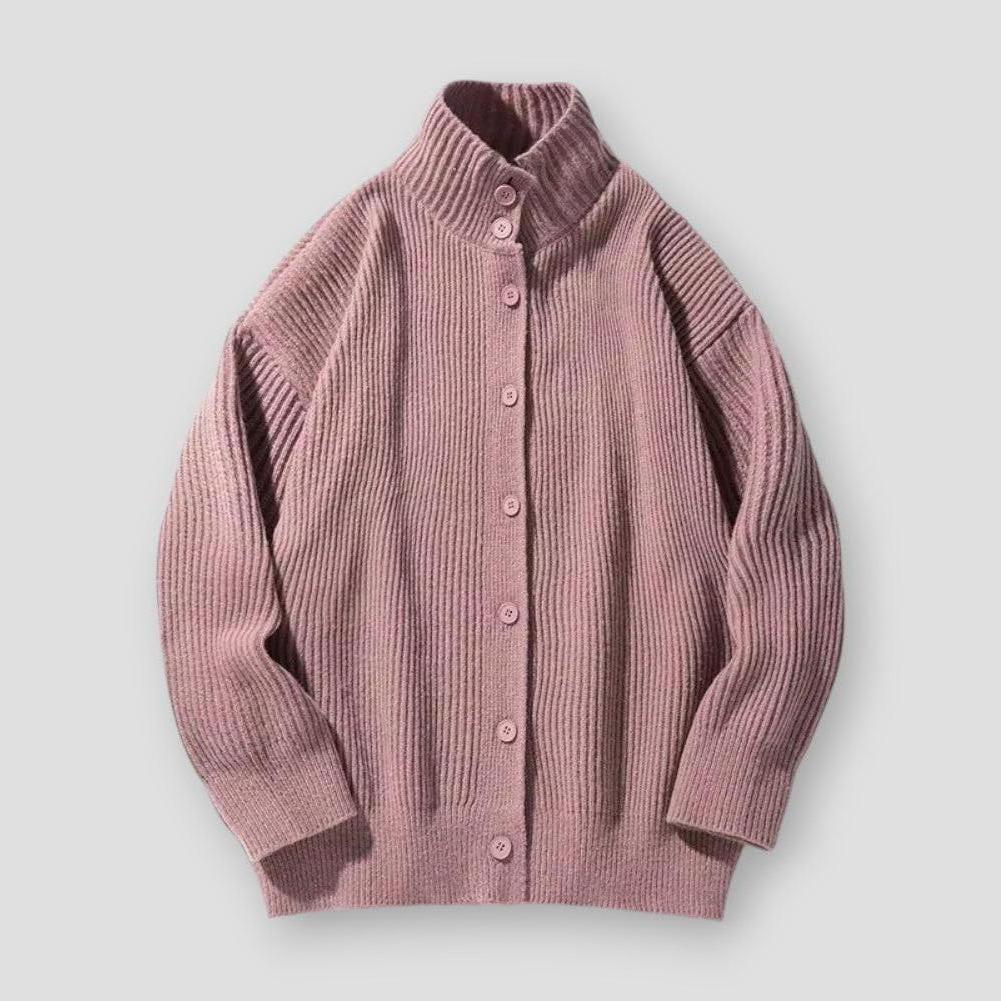 Harper High Collar Oversized Cardigan – Ribbed Knit with Button Closure for Winter Layering