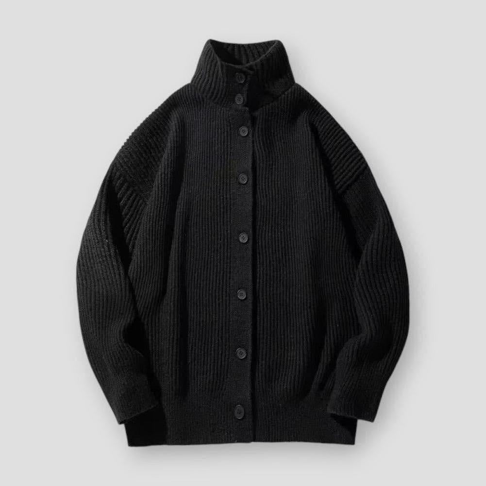 Harper High Collar Oversized Cardigan – Ribbed Knit with Button Closure for Winter Layering