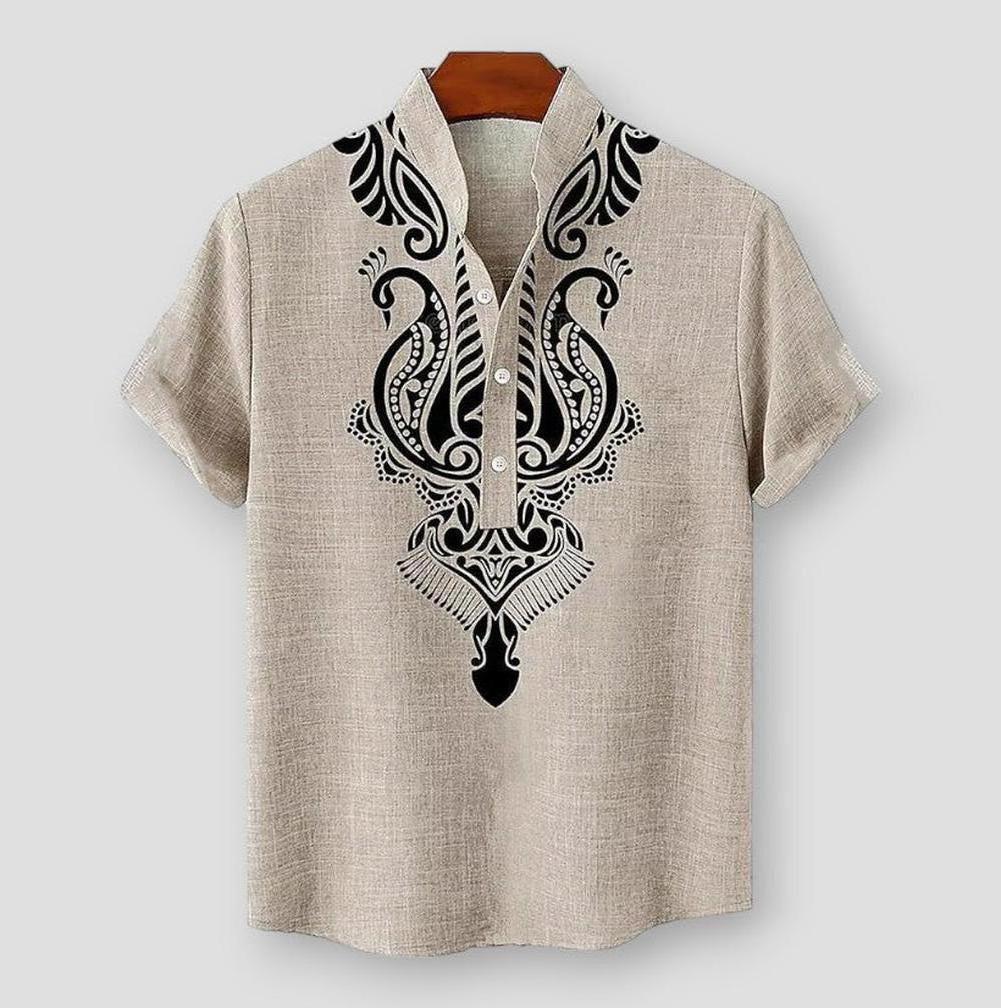 Tobby Men’s Linen Shirt – Short Sleeve Ethnic Print, Relaxed Summer Fit