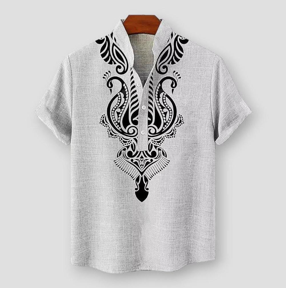 Tobby Men’s Linen Shirt – Short Sleeve Ethnic Print, Relaxed Summer Fit
