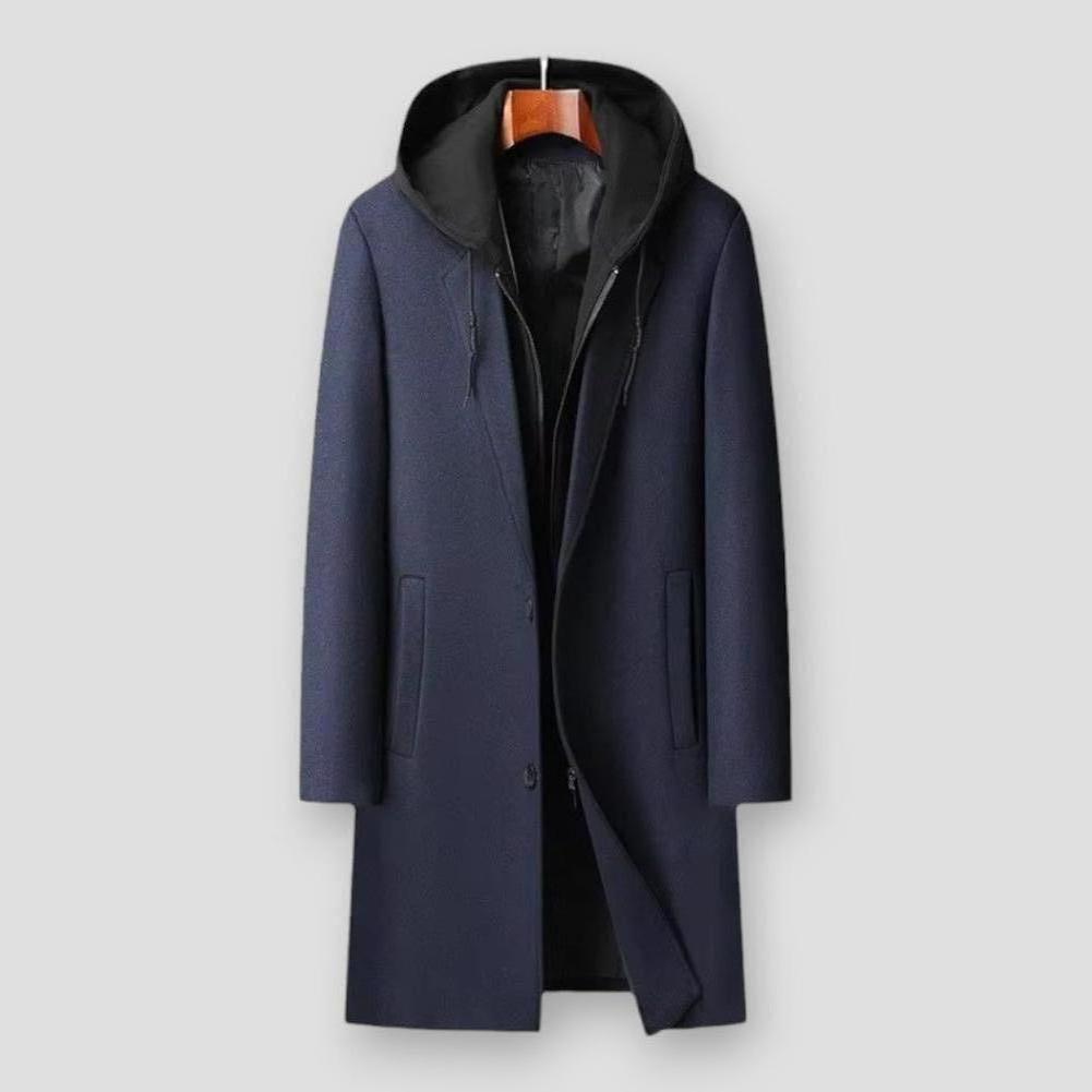 Marcus Men’s Wool Trench Coat – Hooded Long Overcoat for Winter Layering