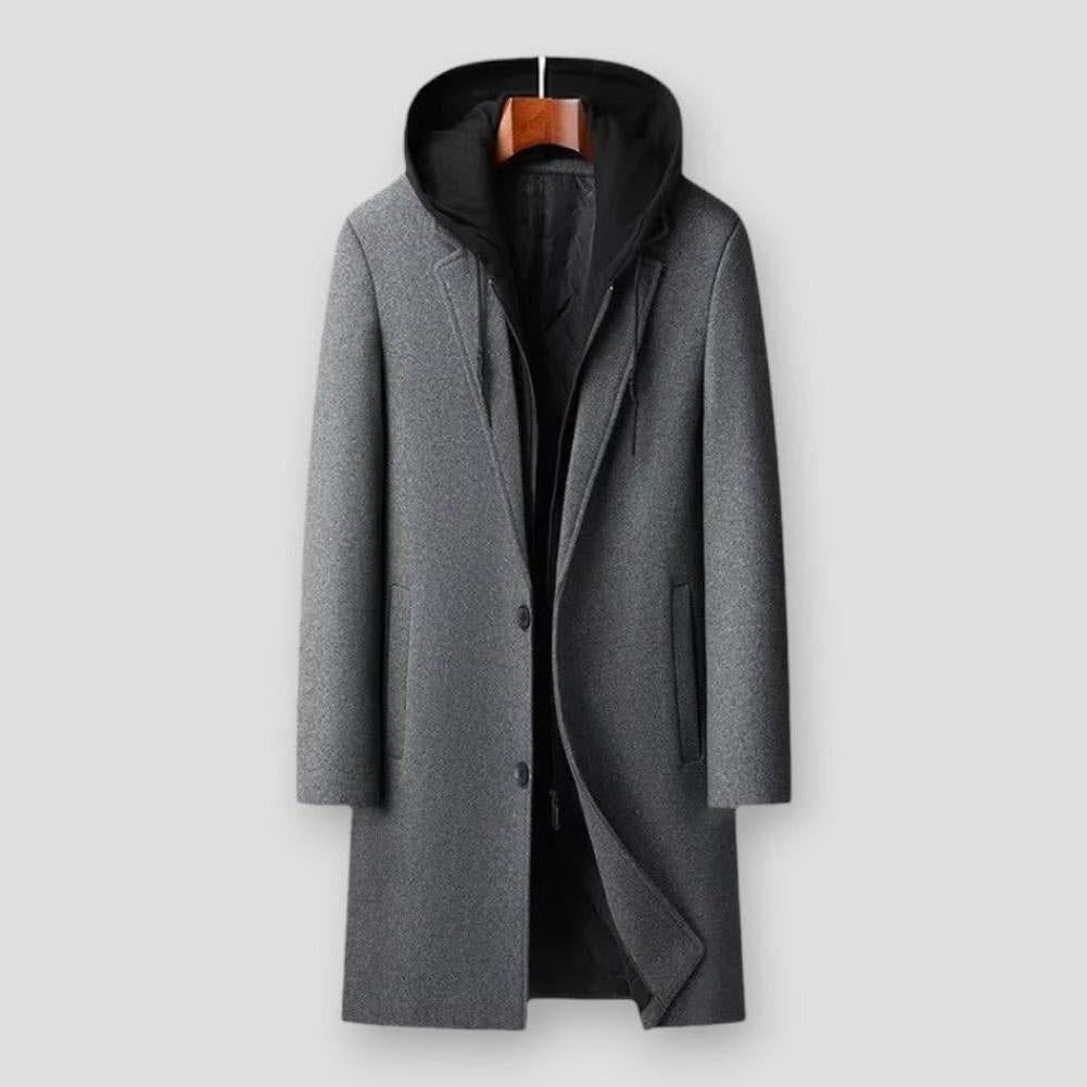 Marcus Men’s Wool Trench Coat – Hooded Long Overcoat for Winter Layering