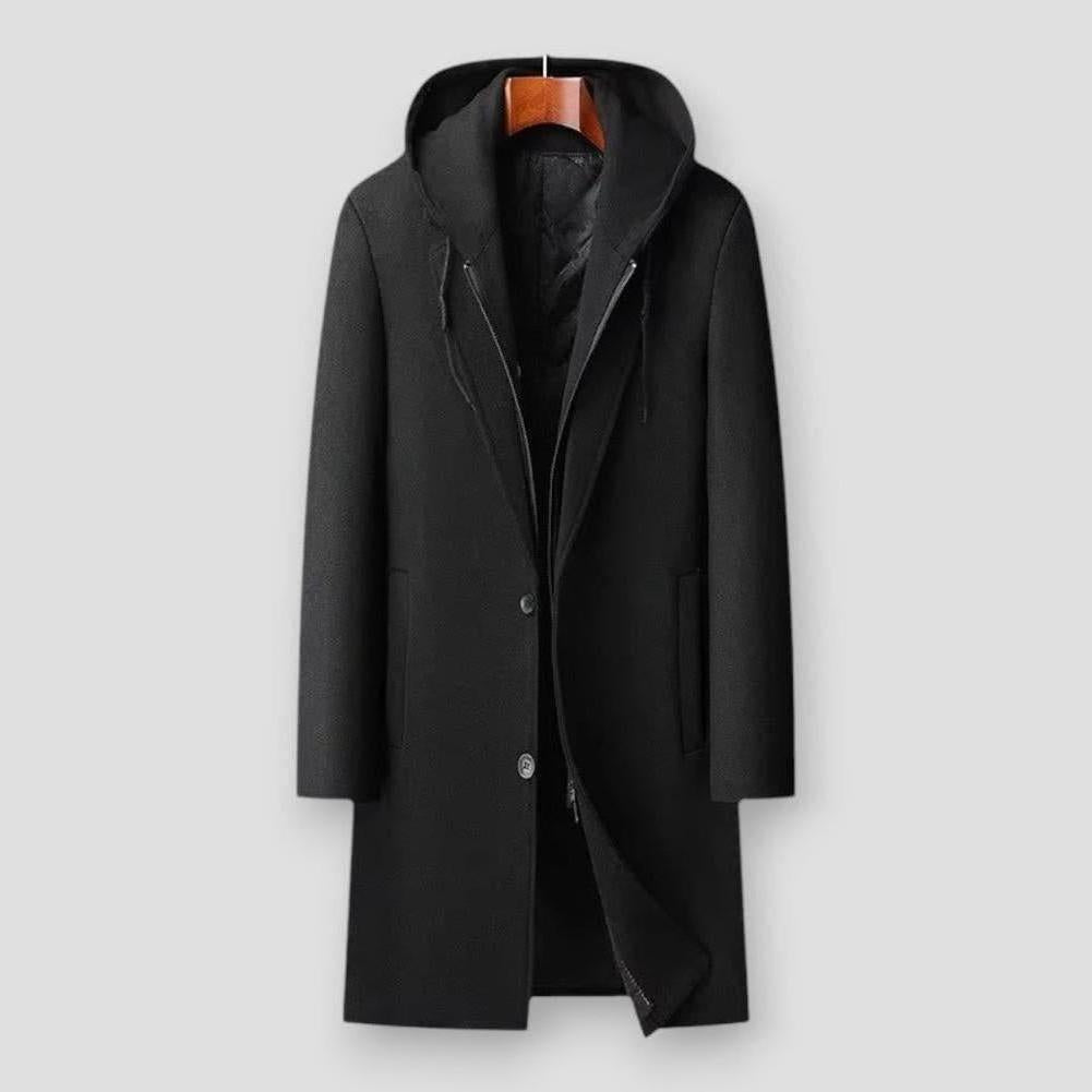 Marcus Men’s Wool Trench Coat – Hooded Long Overcoat for Winter Layering