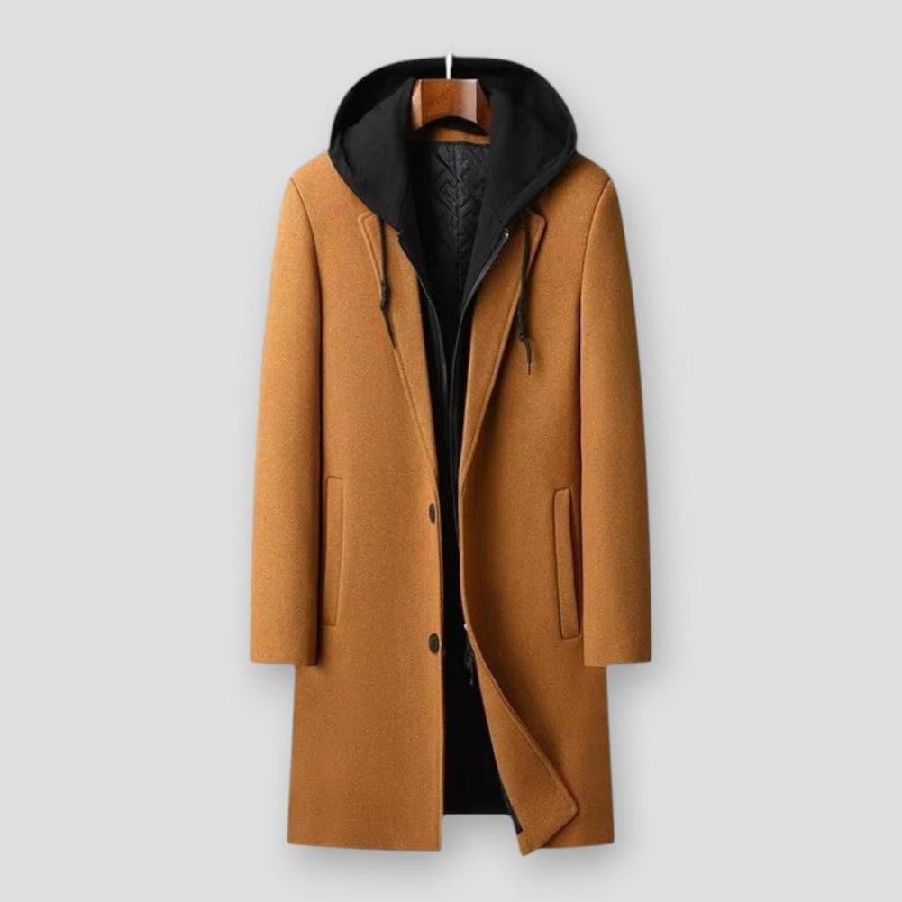 Marcus Men’s Wool Trench Coat – Hooded Long Overcoat for Winter Layering