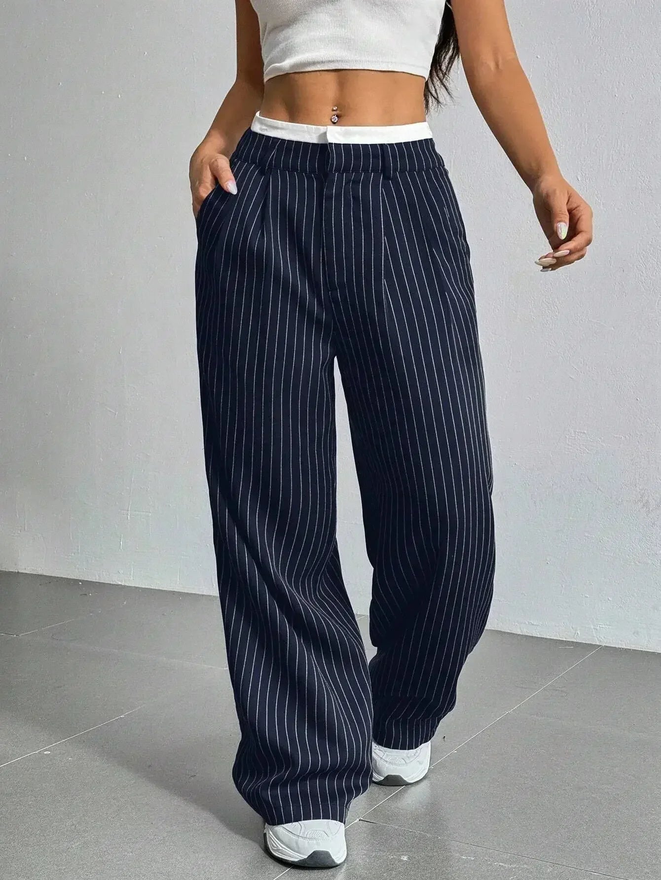 Clara Women’s Wide Leg Trousers – Pinstripe High Waist with Pleated Front