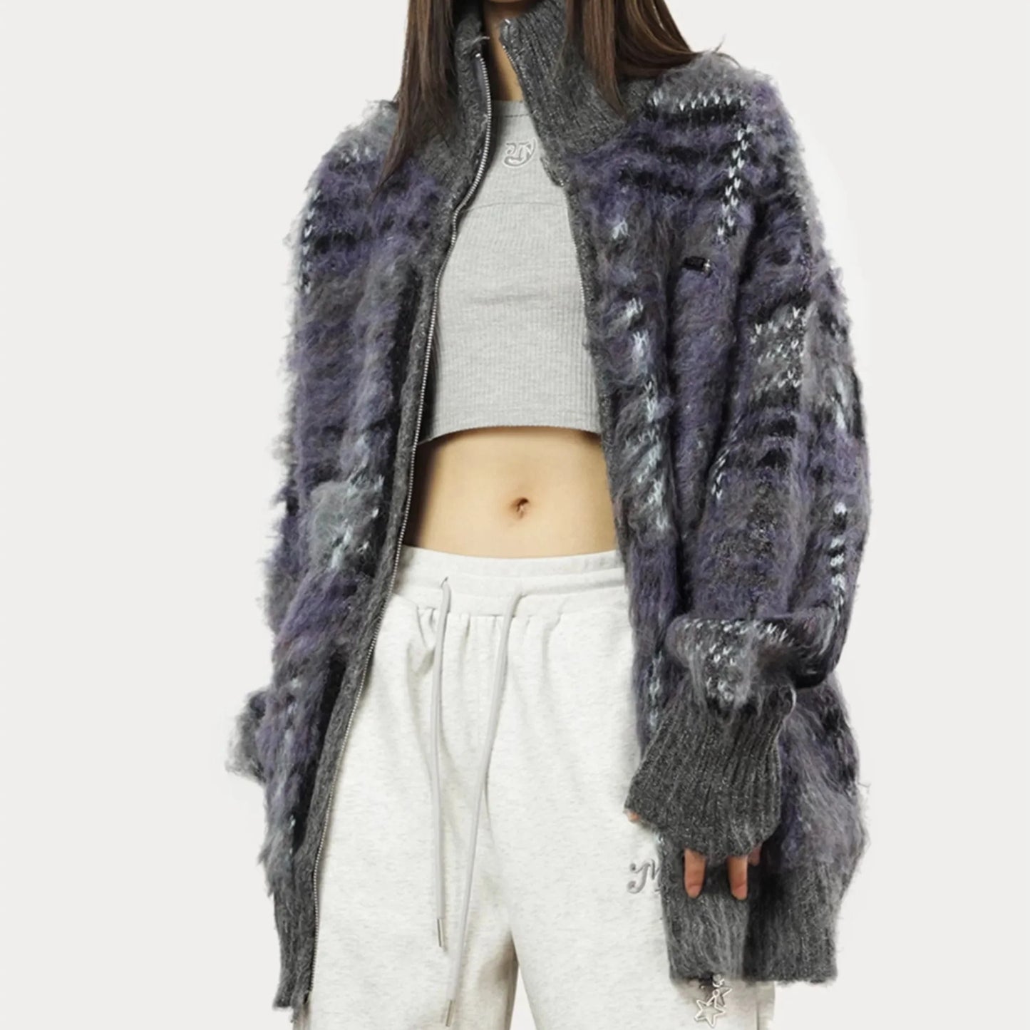 Harper Women’s Knit Sweater – Soft Fluffy Plaid with Relaxed Zip Fit