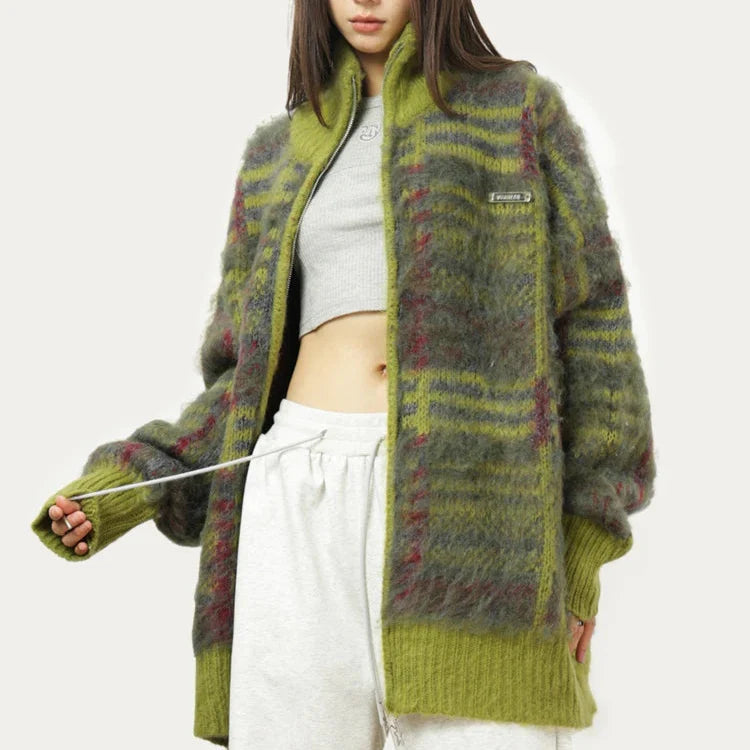 Harper Women’s Knit Sweater – Soft Fluffy Plaid with Relaxed Zip Fit