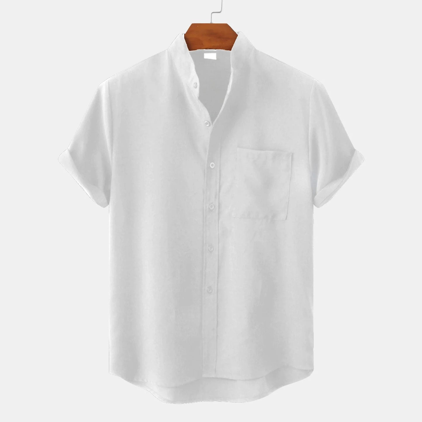 Leonard Men’s Linen Shirt – Collarless Short Sleeve Button-Up for Summer