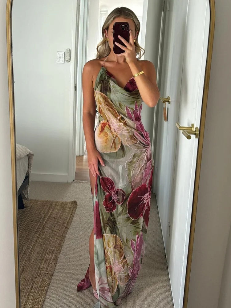 Luna Backless Maxi Dress – Lightweight Chiffon with Side Slit Elegance