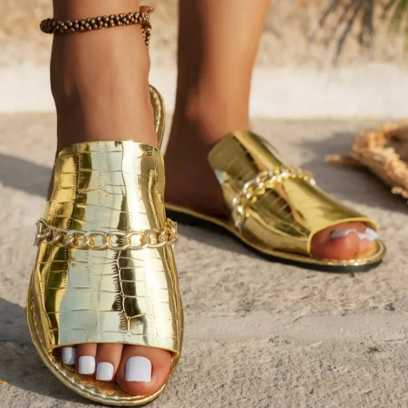 Florence Women’s Slip On Sandals – PU Chain Detail Flats for Summer & Beach Wear