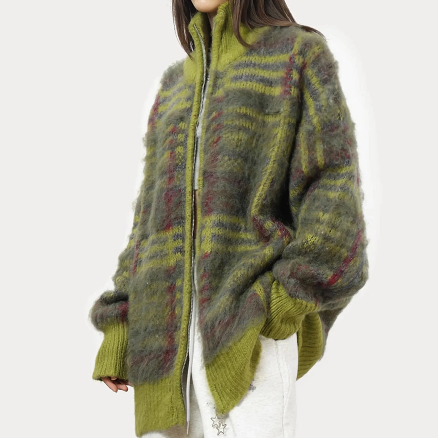 Harper Women’s Knit Sweater – Soft Fluffy Plaid with Relaxed Zip Fit