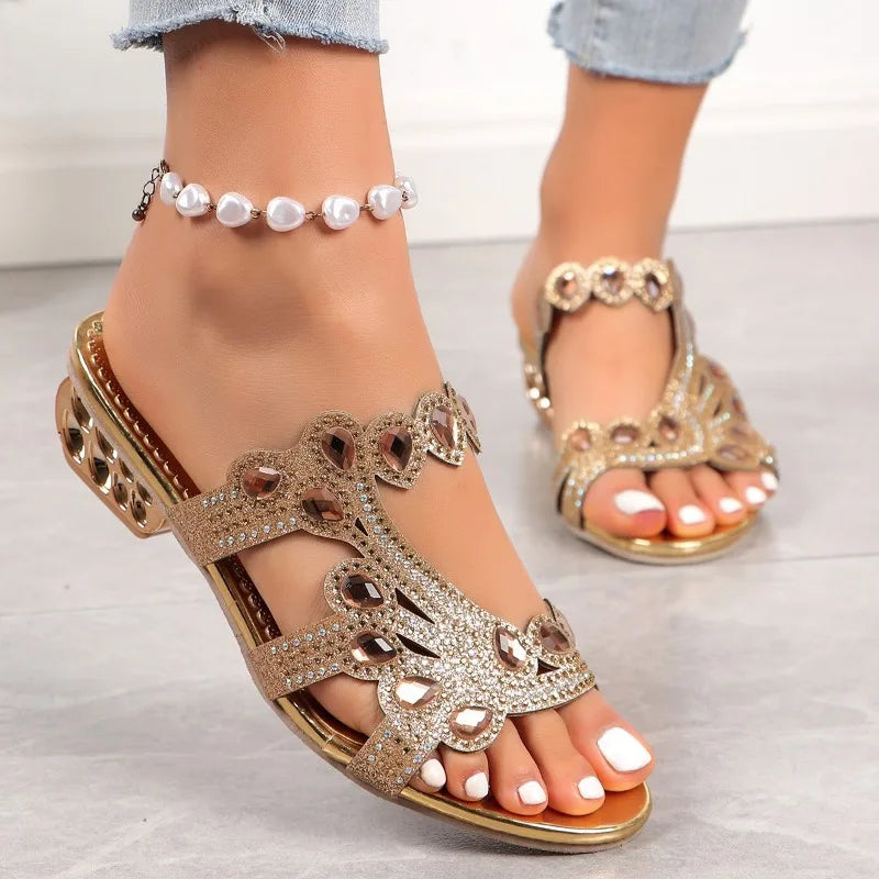 Maya Women’s Low Heel Slip-On Sandals – Rhinestone Cut-Out Design for Dressy Looks
