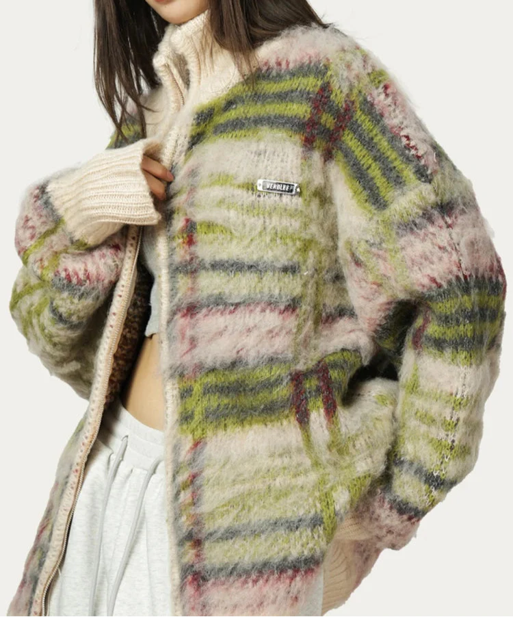 Harper Women’s Knit Sweater – Soft Fluffy Plaid with Relaxed Zip Fit