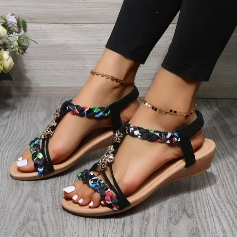 Katrina Women’s Braided Flat Sandals – PU Slip-On with Elastic Back Strap