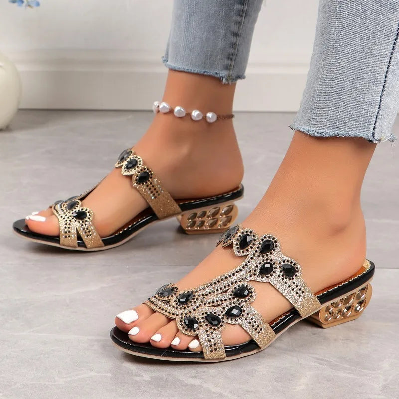 Maya Women’s Low Heel Slip-On Sandals – Rhinestone Cut-Out Design for Dressy Looks